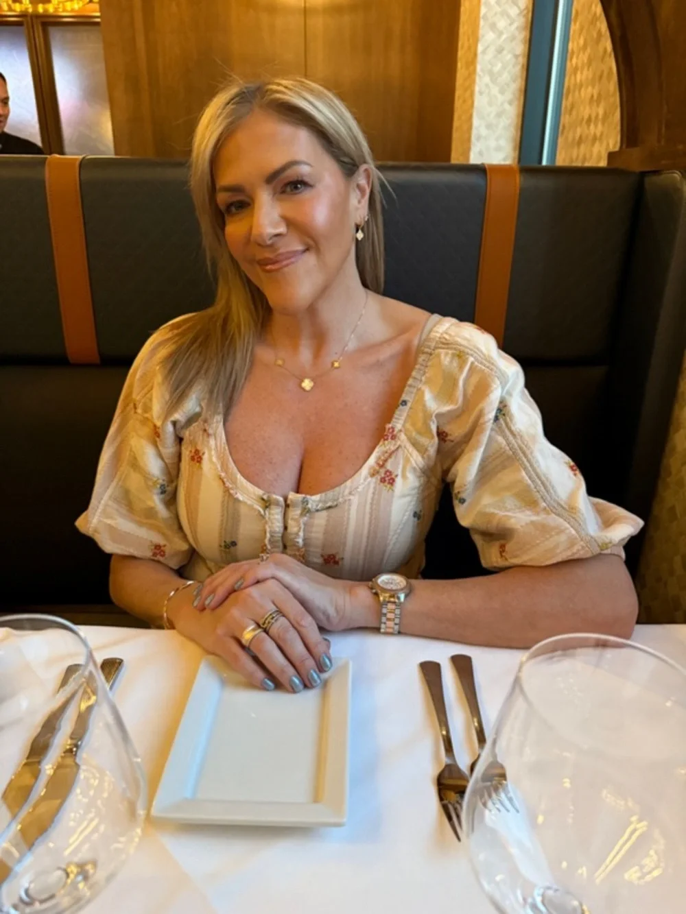 Peplum Puff-Sleeve Floral Stripe Top in Cream